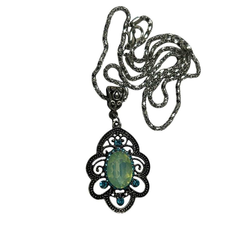 Vintage Silver‎ Tone Filigree Green Stone Teal Rhinestone Pendant Necklace 24"